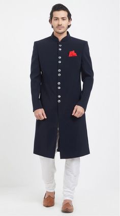 Navy Blue Art Silk Sherwani With Aligarh Pant Nawabi Sherwani, Navy Blue Sherwani, Photography Effects, Blue Sherwani, Navy Blue Art, Sherwani For Men, Navy Blue Fabric, Indo Western, Navy Blue Color