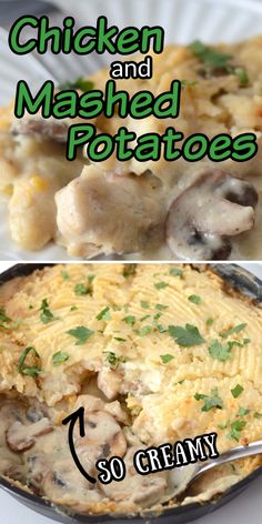 chicken and mashed potatoes in a skillet before and after being cooked on the stove