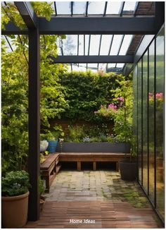 a wooden bench sitting under a pergolated roof next to trees and flowers in pots