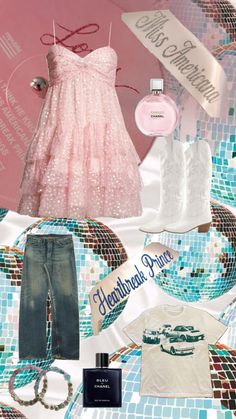 a collage of clothes and accessories on a mosaic background