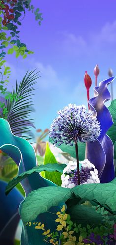 an artistic painting of flowers and plants in the wild with blue sky behind them on a sunny day