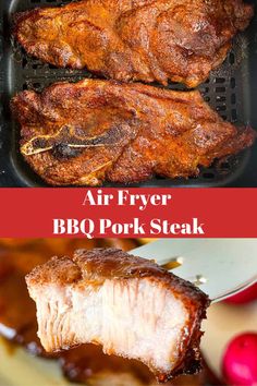 air fryer bbq pork steak is being cooked on the grill and then served with barbecue sauce