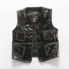 Motorcycle Enthusiasts! Want to create a layered outfit? The Retro Plaid Lining Cowhide Sleek Leather Vest is a good choice for you. Because wearing a leather vest will expose your underlying shirt or top. A long sleeve shirt or sweatshirt with a good vest is enough to keep you warm when riding in cold temperatures. Features: 2.75-3.0 oz (1.1-1.2 mm) medium weight Cowhide Premium Leather shell Twin front chest pockets Twin side pockets Button front closure Twin interior coin/lighter pocket Reinf Black Leather Spring Vest, Black Leather Vest For Spring, Casual Leather Vest, Casual Leather Vest For Spring, Black Casual Leather Vest, Casual Black Leather Vest, Layered Outfit, Motorcycle Jeans, Denim Vests