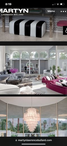 three different shots of a living room and dining room with black and white furniture in it