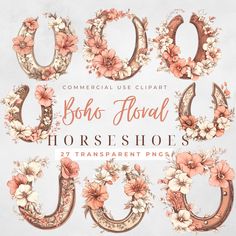 floral font and numbers for commercial use clipart - boho aoui horse shoes