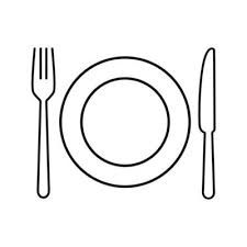 a black and white image of a plate, fork and knife on a white background