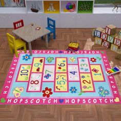 a child's play room with toys and rugs