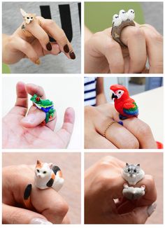 several pictures of different types of rings with animals on them, including cats and parrots