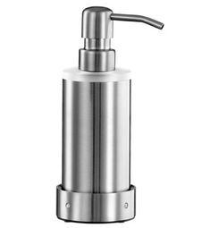 a stainless steel soap dispenser on a white background with clippings