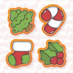 four stickers with different designs on them, including christmas decorations and candy canes