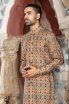 Brown kurta with all over mandala print. Paired with a pant. - Aza Fashions Brown Mandala, Men Kurta, Mandala Print, Kurta With Pants, Full Sleeves, Metal Buttons, Aza Fashion, Auburn, Full Sleeve