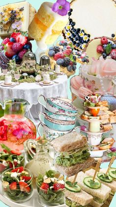 a collage of different foods and desserts on a table with flowers in the background