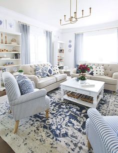 a living room filled with blue and white furniture