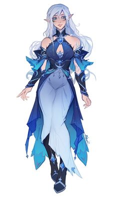 an anime character with long white hair and blue eyes, wearing a costume that looks like she