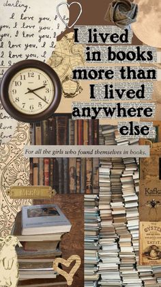 there is a collage with books and a clock