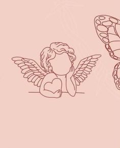 two drawings of angels with wings and hearts in the middle, one is holding a heart