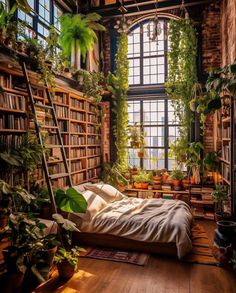 a bed in a room filled with lots of plants and bookshelves next to a window