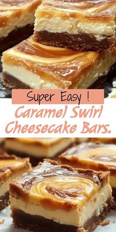 caramel swirl cheesecake bars are stacked on top of each other and ready to be eaten