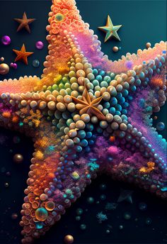 a starfish with many different colored bubbles and stars on the bottom, as well as other objects surrounding it