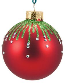 a red christmas ornament with green and white glitters on it's side