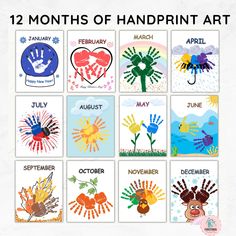 twelve months of handprint art for kids with different designs and colors on them, including the