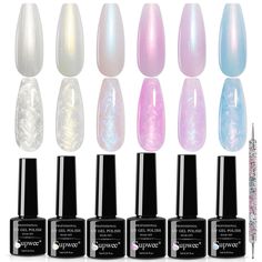 PRICES MAY VARY. What You Will Get: Shimmer pearl gel nail polish set, 7ml (0.24 fl oz) each bottle, 6 colors of pearl mermaid gel polish. All in one kit. You can feel free to do various gel nail art designs at home, saving your money and time to salon! Amazing Pearl Gel Polish: This pearl nail polish will surprise you, for its different charming effects, such as shimmer pearl effect, shell thread effects and matte effect when applying matte top coat. Easy To Use: After applying pearl white gel Mermaid Gel Polish, Opal Nail Polish, Seashell Nails, Opal Nails, Blue Glitter Nails, Gel Nail Art Designs, Manicure Gel, Classy Acrylic Nails, White Nail Polish