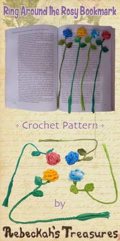 an open book with crochet flowers on it and the words,'crochet pattern by rebekah's treasuress