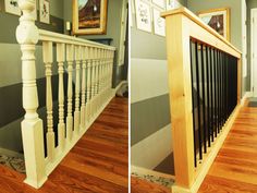 two pictures of stairs and railings in a room with striped walls, wood flooring and framed photos on the wall