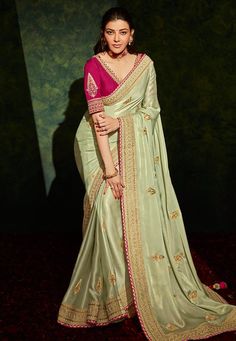 Buy Eid Special Saree Party wedding wear dresses Kajal aggarwal pista green georgette bollywood saree 5214 online in USA, UK and Canada from KollyBollyEthnics.com Wedding Sarees Online, Pista Green, Designer Silk Sarees, Designer Sarees Online, Green Saree, Trendy Sarees, Ladies Gown, Embroidered Wedding, Organza Saree