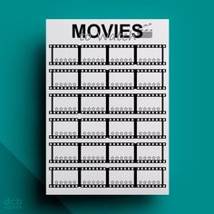 a book with the words movies written in black and white on it, against a teal background