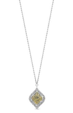 A sterling-silver and 18-karat yellow-gold necklace suspends a swirling filigree pendant alight with dainty diamonds for elegant sparkle. 16" length; 2" extender; 1"Wx 1 3/8"L pendant Toggle closure Total diamond weight: 0.25ct. Sterling silver/18k gold/diamond Imported Diamond Guide Elegant Sterling Silver Engraved Diamond Necklace, Elegant Engraved Sterling Silver Diamond Necklace, Silver Medallion Diamond Necklace Gift, Silver Medallion Diamond Necklace For Gift, Engraved Sterling Silver Necklace In Diamond White, Diamond-shaped Sterling Silver Jewelry In White Gold, Diamond-shaped White Gold Sterling Silver Jewelry, Diamond White Filigree Necklaces Gift, Sterling Silver Diamond Cut Square Pendant Necklace