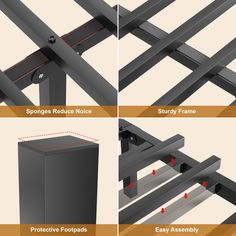 three different views of the same metal structure with red lines on each side and two black boxes