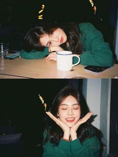 two pictures of a woman holding a coffee cup and smiling at the camera with her hands in front of her face