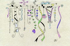 an artistic drawing on paper with many different things hanging from the line in front of it