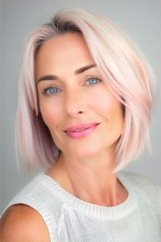 Light Pink Hair Color Idea. Light Pink Hair Styles, Light Pink Bob Hair, Pink Hair Over 50, Pink Hair Outfit What To Wear With, Pink Hair Color Ideas For Blondes, Light Pink Bob, Pink Beige Hair, Pink Grey Hair