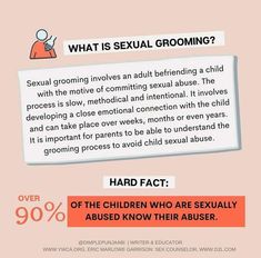 90% of the time when a child is abused, it is by someone that they do know. While stranger danger is still important, it is important to talk to children about safety with people they do now. One form of sexual abuse is grooming. Grooming is when an adult or older person attempts to can a child's trust to prepare them for sexual abuse. If you or your child have experienced grooming, Safe Passage can help 💙. Hotline: 815.756.5228 Textline: 815.393.1995 Help Hotline, Memoir Writing, Mental Health Facts, Stranger Danger, Emotional Awareness, Emotional Connection, Psychology Facts, Positive Parenting