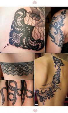 four pictures of different designs on the back of a woman's shoulder and chest