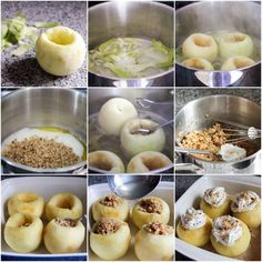 there are many pictures of doughnuts being cooked in the pan and then baked