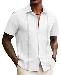 PRICES MAY VARY. LINEN FABRIC-- Our Lion Nardo linen shirts for men are made with high-quality cotton linen fabric, The fabric is breathable, soft, skin-friendly, cool, and provides ultra comfort all day long. The soft fabric combines the cool feel of linen with the smooth touch of cotton, creating a sophisticated and natural texture for these mens linen button down shirts. Enjoy the best of both worlds as you embrace comfort without compromising on style. CUBAN GUAYABERA DESIGN - Our guayabera Resort Formal Wedding Attire Men, Beach Wedding Mens Attire, Cuban Design, Mens Beach Wedding Attire, Cuban Guayabera, Linen Shirts For Men, Cuban Shirts, Guayabera Shirt, Wedding Outfit Men