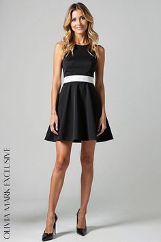 Olivia Mark - Elegant Black and White Contrast Skater Dress Waist Drawing, Black Dress Elegant, Black And White Contrast, Flared Skirt, Fitted Bodice, Olivia Mark, Flare Skirt, Skater Dress, Black Heels