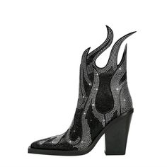 Black Flame Novelty Booties Side Zipper Rhinestone Pattern Chunky Heel Shoes Side-Zipper Ultra Hi-Heel Upper Material: Pu Leather Lining Material: Fabric Insole Material: Pu Leather Outsole Material: Pu Leather Silver High Heel Boots With Rhinestone Fringe, Black Evening Boots With Bling, Black Rhinestone Boots For Evening, Black Evening Boots With Rhinestones, Leather Party Boots With Rhinestone Fringe, Party Leather Boots With Rhinestone Fringe, Black Party Boots With Rhinestone Rivets, Luxury Rhinestone Boots For Night Out, Black Crystal-embellished Boots For Night Out