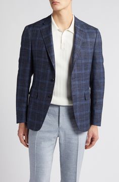 Patterned in a dusky plaid, this sport coat crafted from wool, silk and linen features traditional detailing and smartly elevates any semiformal look. 31" length (size 54eu) Notched lapels Nonfunctional four-button cuffs Cuff buttons may not be attached. Jackets purchased at full price can have the sleeve length customized for free at your local Nordstrom Chest welt pocket; front flap pockets Side vents Lined 65% wool, 21% silk, 14% linen Dry clean Made in Italy Men’s Sport Coat And Jeans, Sport Coat And Jeans, Sports Coat And Jeans, Trim Fit, Blue Fits, Desi Fashion