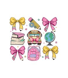 the back to school clipart set includes books, backpacks and bows