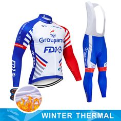 the winter thermal cycling jersey and bib pants are shown in blue, white, and red