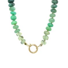 This unique Green Gemstone Necklace is handcrafted using an array of natural gemstones including emerald, chrysoprase, green quartz, and prehnite, hand-knotted on light green silk to ensure durability and a beautiful drape. Emeralds shade into neon chrysoprase stones before transitioning into green quartz and glowy prehnite. Each gemstone is carefully selected and arranged in a rainbow pattern, creating a unique and eye-catching piece. The vivid green hues of the gemstones make this necklace per Green Gemstone Necklace, Tanzanite Necklace, Beautiful Gemstones, Candy Necklaces, Greenwich Ct, Green Hues, Tourmaline Necklace, Trendy Necklaces, Green Quartz