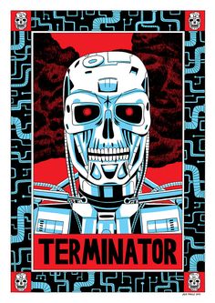 the terminator poster is shown in red and blue