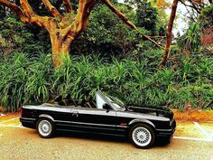 a black convertible car parked in front of a tree