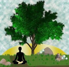 a person is sitting in the grass under a tree and meditates with their feet crossed