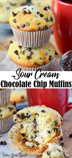 chocolate chip muffins are stacked on top of each other with the words sour cream chocolate chip muffins above them