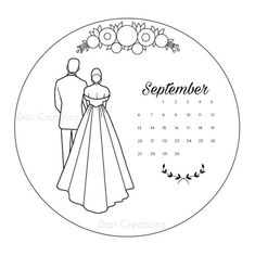 a calendar with a bride and groom standing next to each other